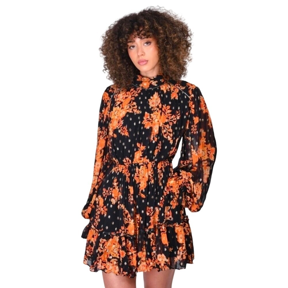 HEMANT & NANDITA Alia‎ Short Dress Size Large Brown Black Long Sleeve